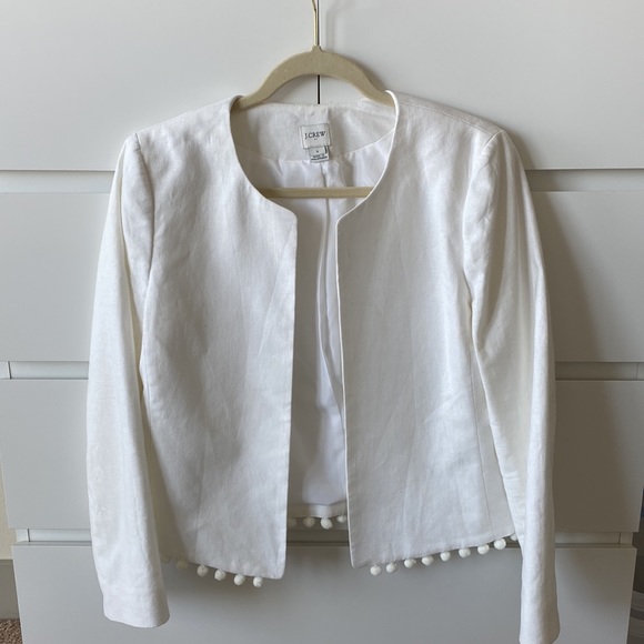 White Linen/Cotton Jacket, J Crew with Pom Pom trim. Size S. Worn once. - Picture 1 of 5